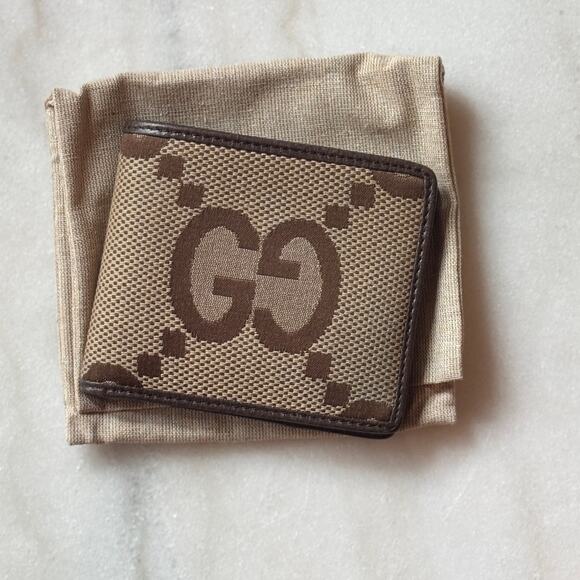 Gucci Bifold Jumbo Gg Canvas Beige Brown Leather Trim Wallet - Picture 1 of 8